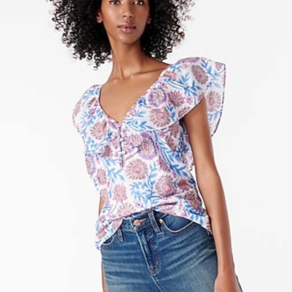 J.CREW Ruffle V-neck In Floral Vine Block Print - Picture 2 of 5